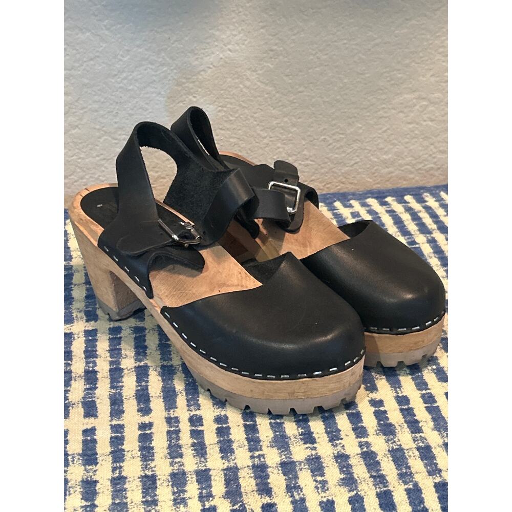 MIA SOFIA Black Leather Swedish Buckle Clogs